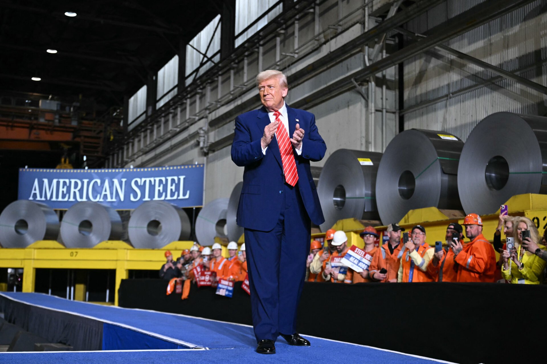 US President Donald Trump speaks during a rally at US Steels Irvin Works