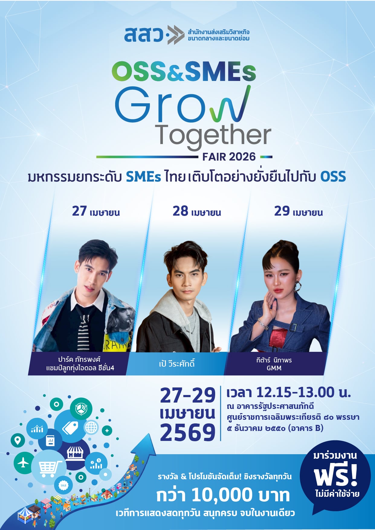 สสว. ชวนเที่ยวงานใหญ่ ‘OSS & SMEs GROW TOGETHER FAIR 2026’ 27-29 เม.ย.2569 ณ ศูนย์ราชการเฉลิมพระเกียรติฯ อาคารบี ถนนแจ้งวัฒนะ รวมสุดยอดเอสเอ็มอีทั่วประเทศกว่า 280 ร้านค้า ช้อปครบ จบในที่เดียว พร้อมกิจกรรมส่งเสริมธุรกิจครบวงจร
