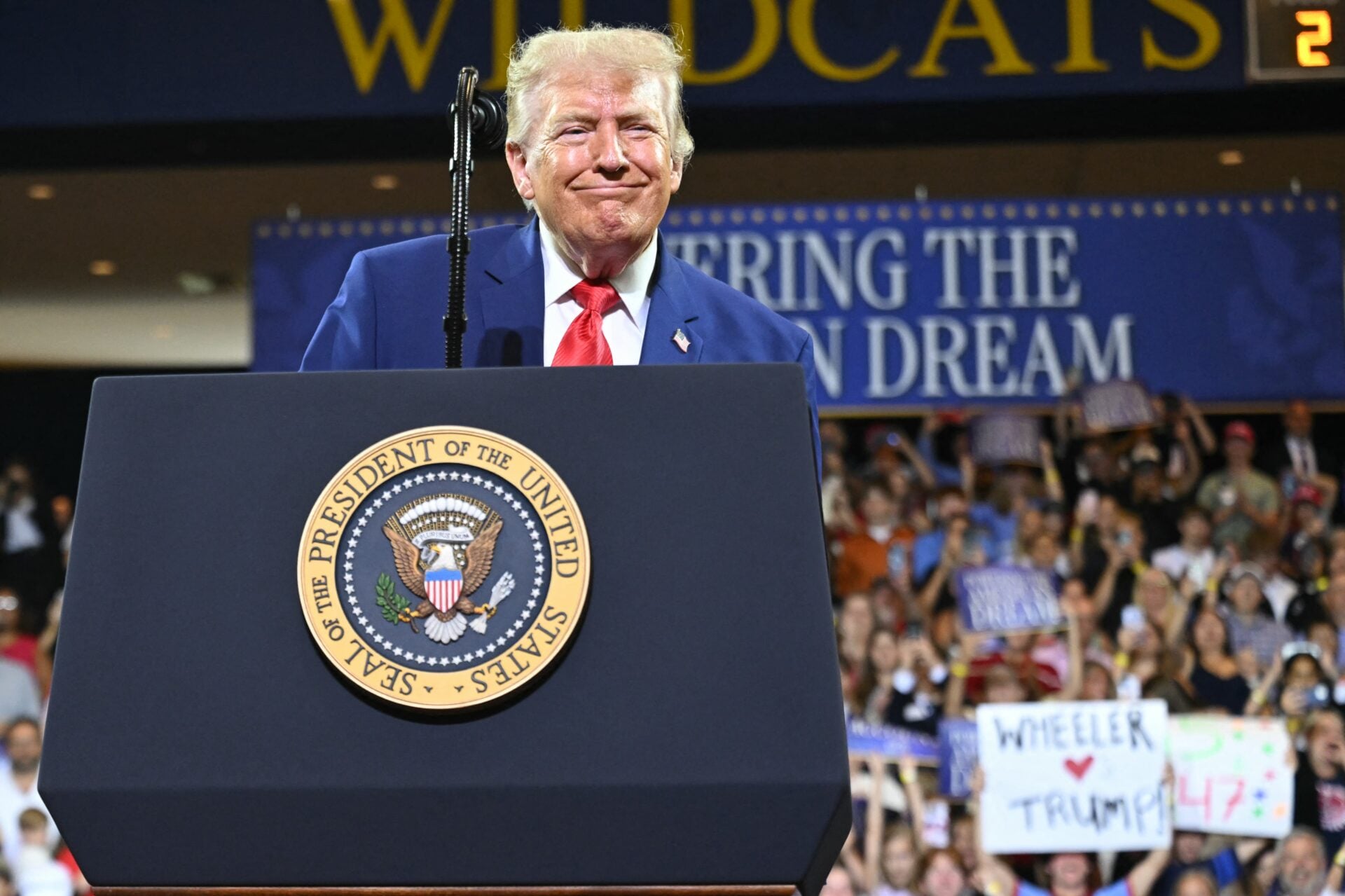 US President Donald Trump holds remarks at Wheeler High School